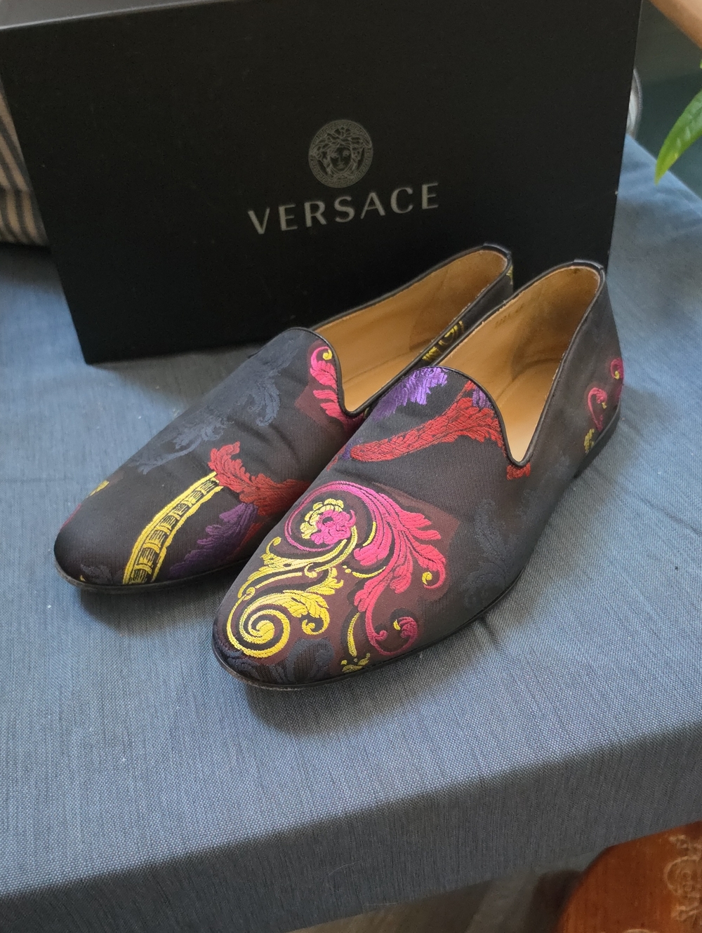 Versace Barocco Patchwork Print Loafers Men's Loafers Black & Pink